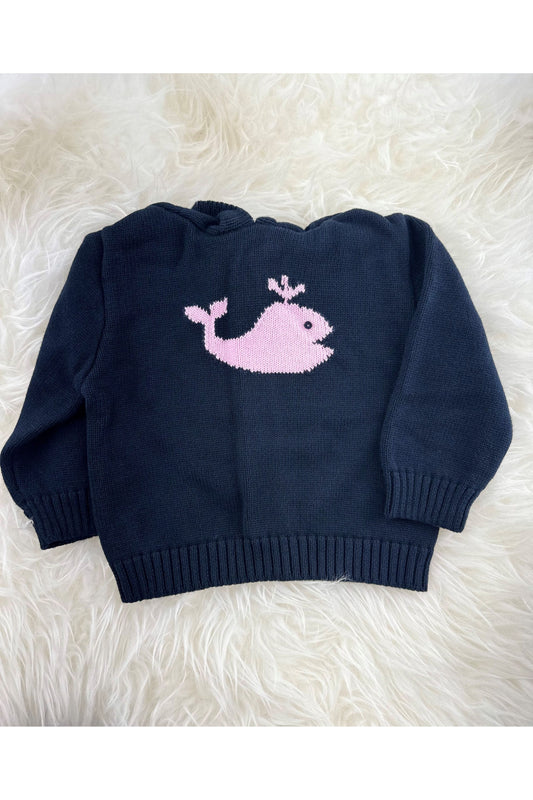 Smocked Whale Hooded Zip Back Baby Boy Sweater