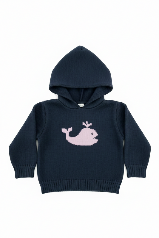 Whale Hooded Zip Back Navy/Pink  Baby Sweater
