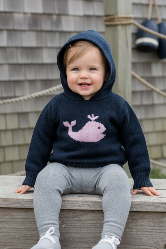 Whale Hooded Zip Back Navy/Pink  Baby Sweater