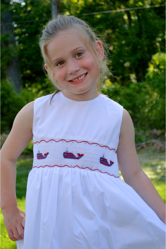 Smocked Red Whale of USA White Toddler Girl Dress