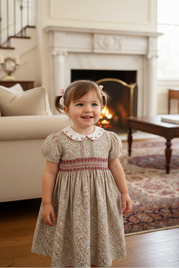 Tan Floral Puff Sleeve Baby Girl Dress