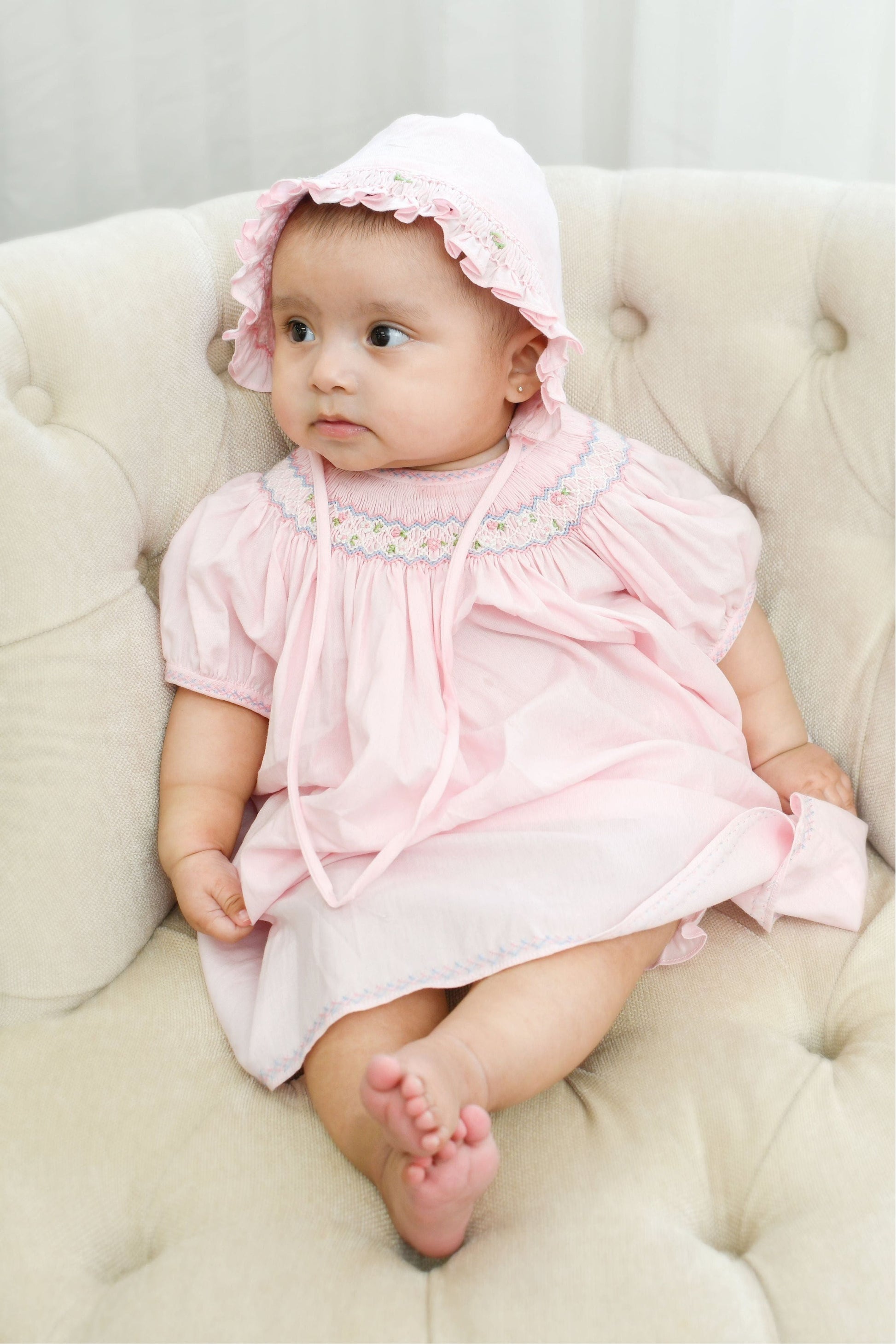 Smocked Bishop Baby Girl Dress with Panty Bonnet Pink