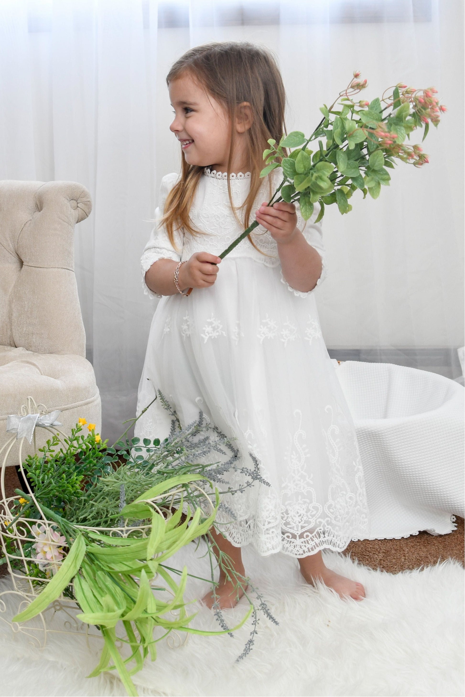 Long Sleeve Lace Embroidery Scalloped Trim Christening Gown - 12/18 Long Sleeve Lace Embroidery Scalloped Trim Christening Gown - 12/18