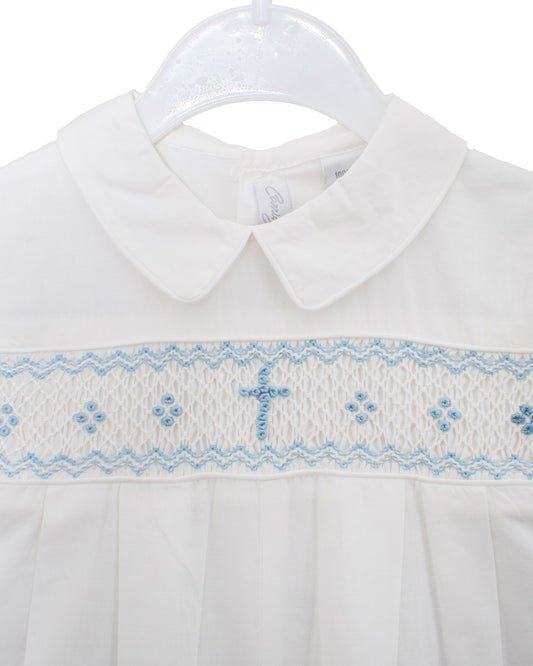 Smocked Cross Blue Baby Boy Longall with Bonnet