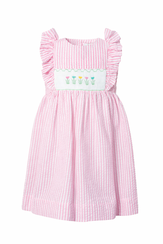Pink Seersucker Smocked Tulips Toddler Dress