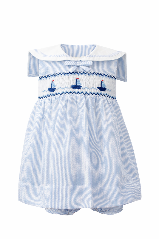 Smocked Sail Boats Sleeveless Blue Baby Girl Dress