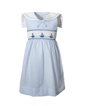 Light Blue sail Boat Seersucker Sleeveless Dress with sailor collar and bow