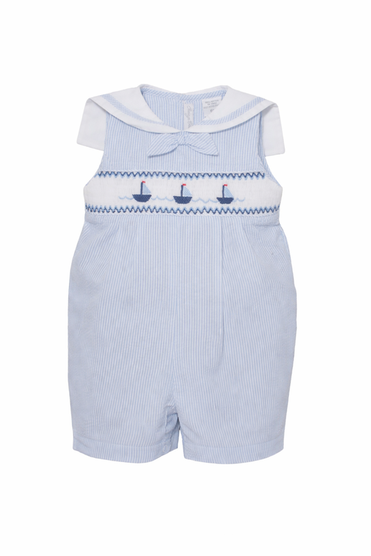 Smocked Sail Boats Boys Blue Shortall