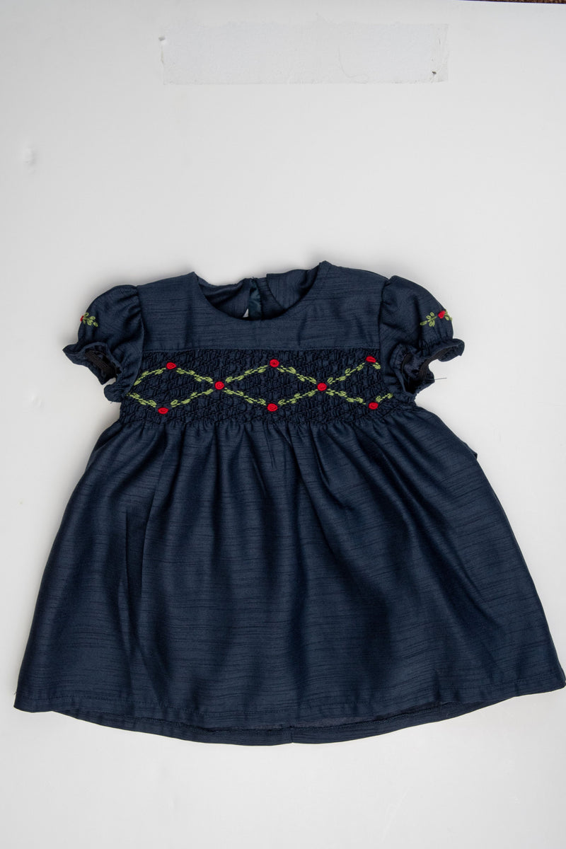 Floral Smocked Silk Navy Short Sleeve Baby & Toddler Girl Dress