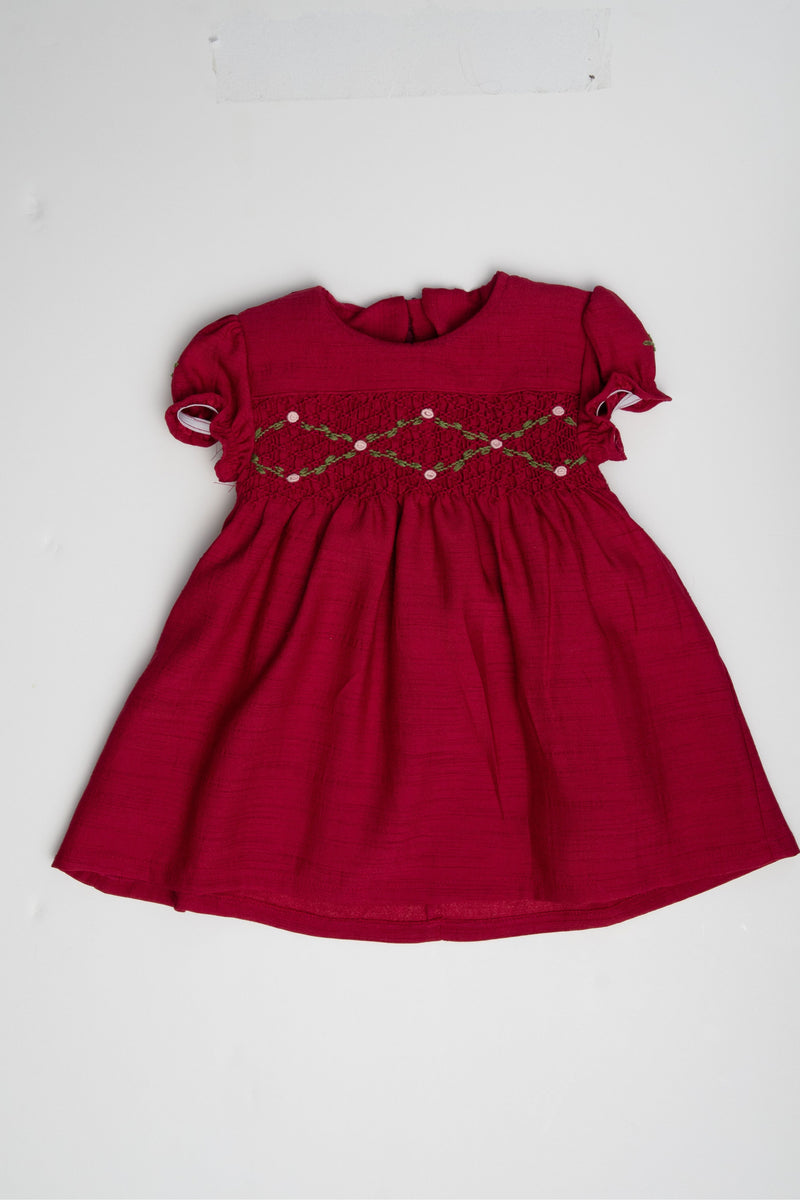 Floral Smocked Silk Red Short Sleeve Baby & Toddler Girl Dress