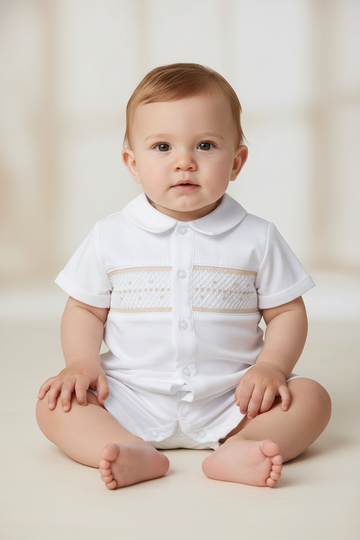 Baby Boy Christening Vested 2 Piece Set Shorts and Shirt- Carriage Boutique Baptism Wedding Special Occasion 