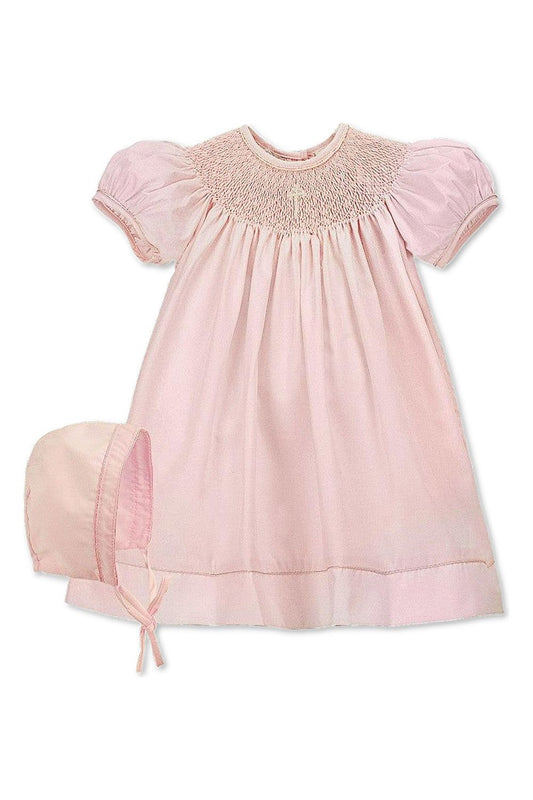 Hand Smocked Pearl Cross Baby Girl Christening Bishop Dress with Bonnet