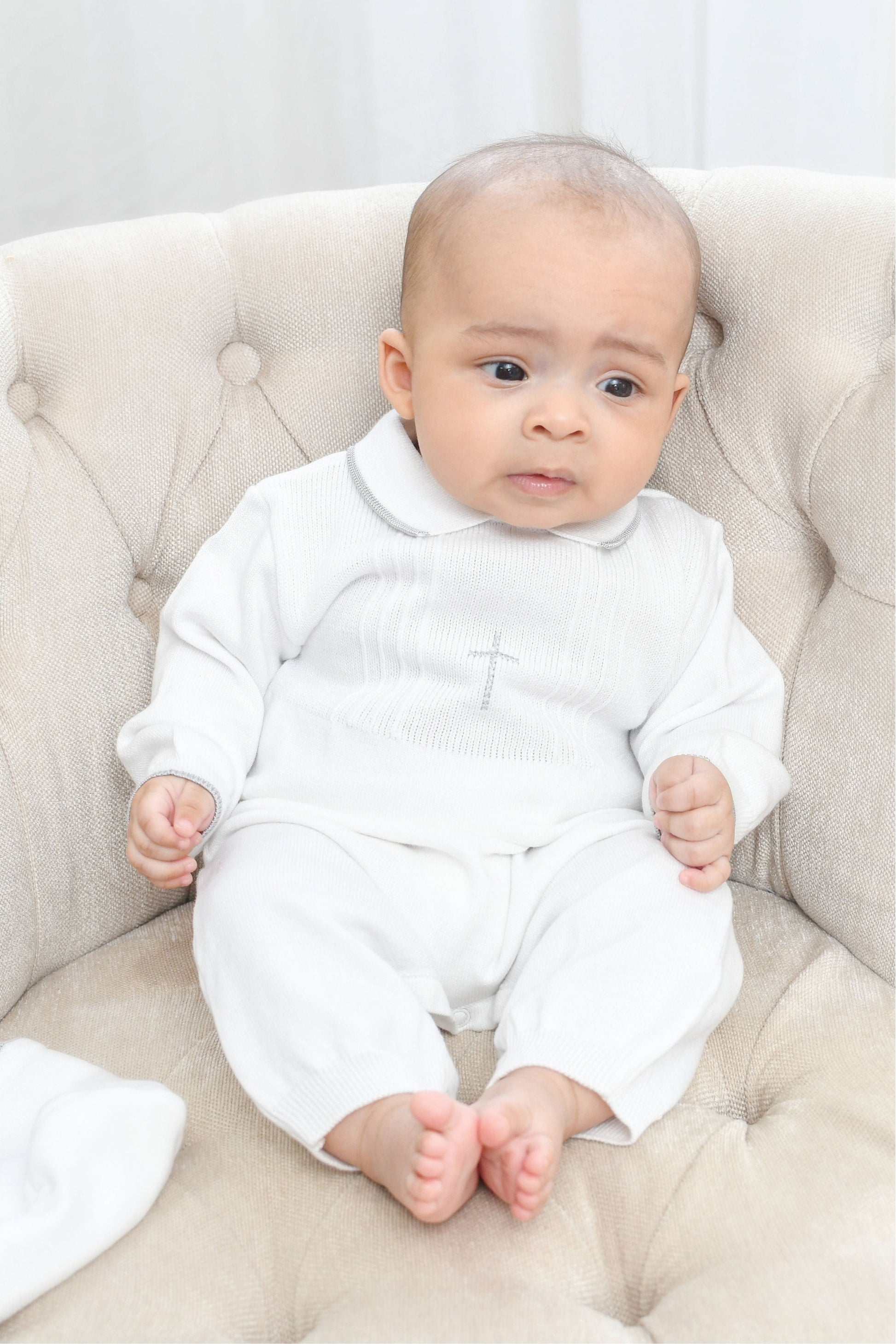 Knit Pearl Silver Cross Baby Boy Christening Outfit with Bonnet