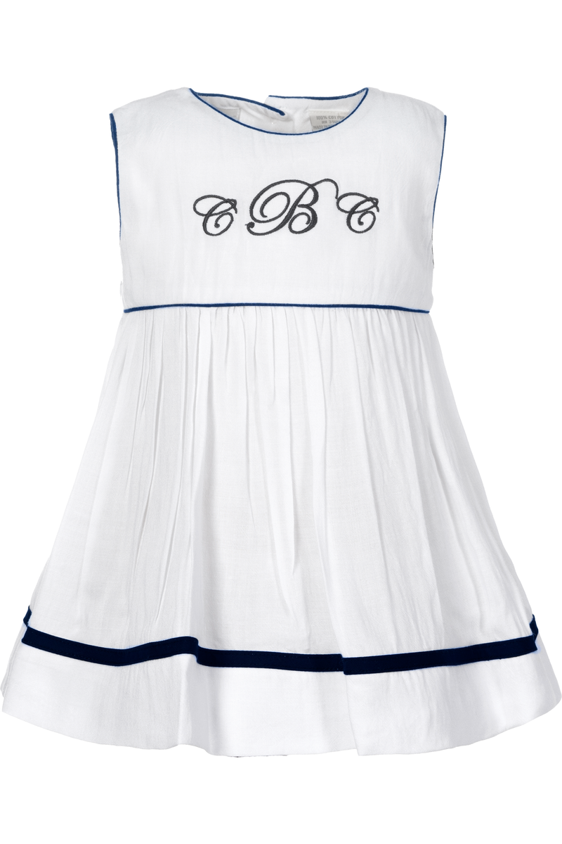 Personalized Toddler Girl Monogram White and Navy Sleeveless Dress