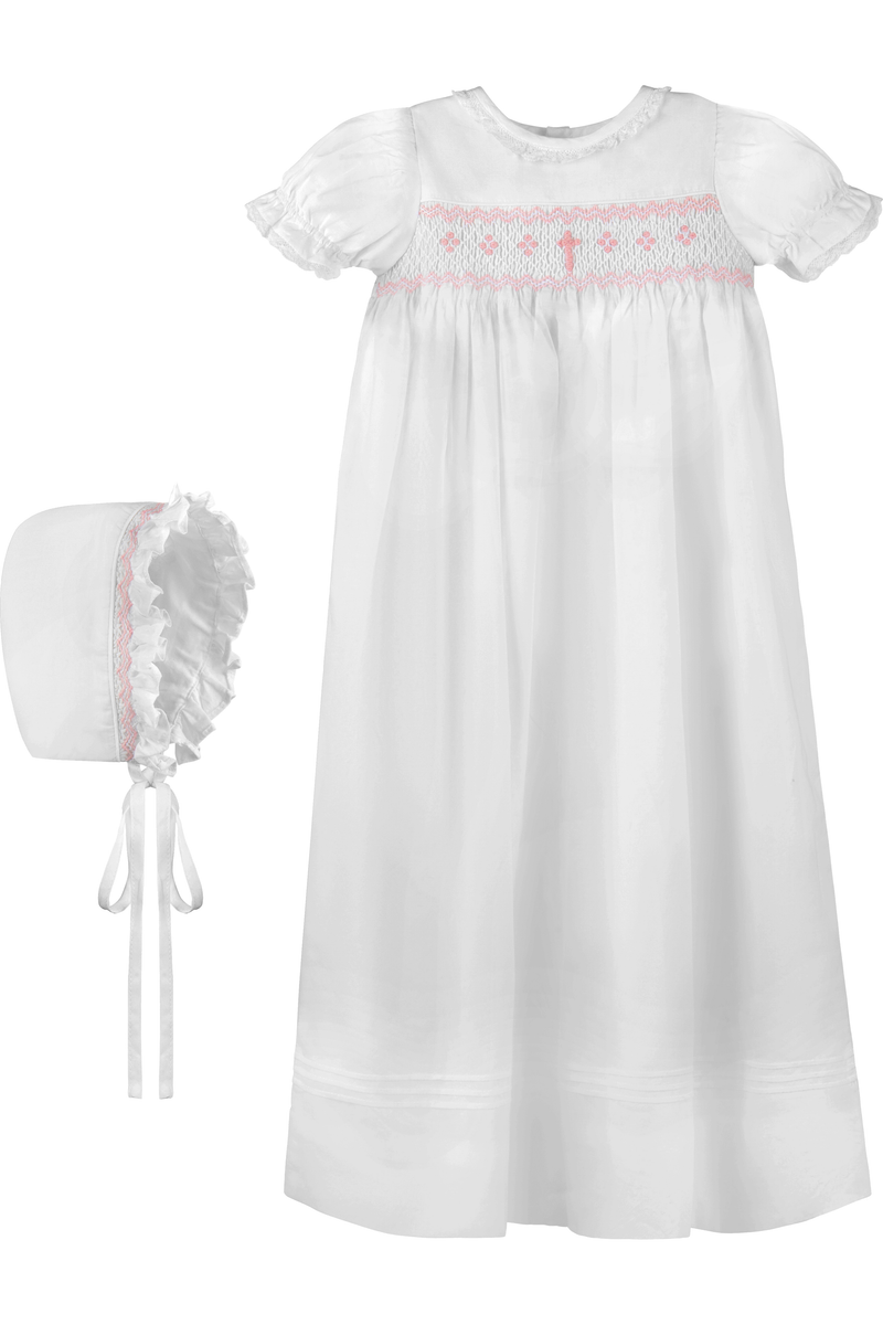 Long Bullion Cross Baby Girl Christening Gown with Bonnet
