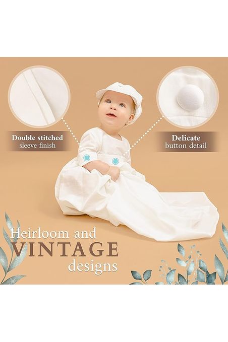 Satin White Long Baby Boy Christening and Baptism Gown with Hat