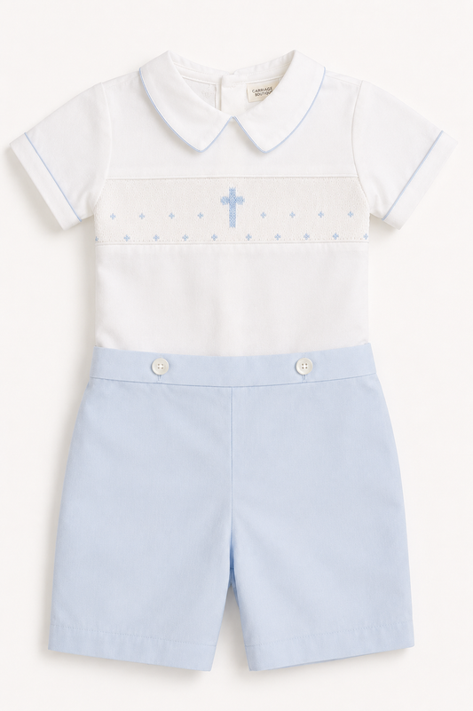 Hand Smocked Blue Cross Christening Bobbie Suit