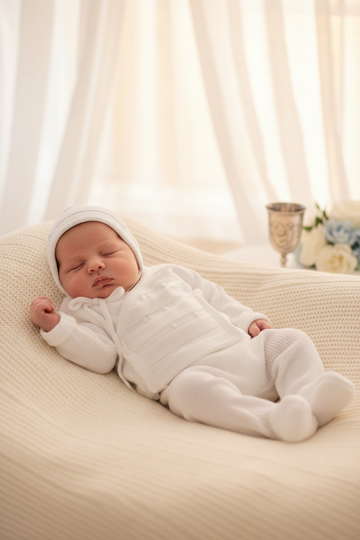 Elegant White 3 Pc Bris Outfit with Bonnet