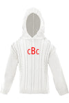 White Cable Knit Monogram Hooded Zip Back Sweater