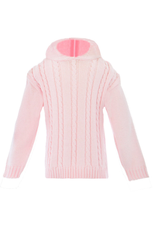 Pink Cable Knit Hooded Zip Back Sweater