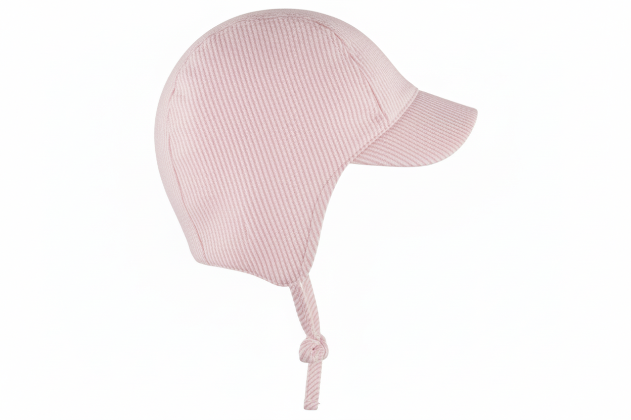 Pink baby hat with a knot on a white background