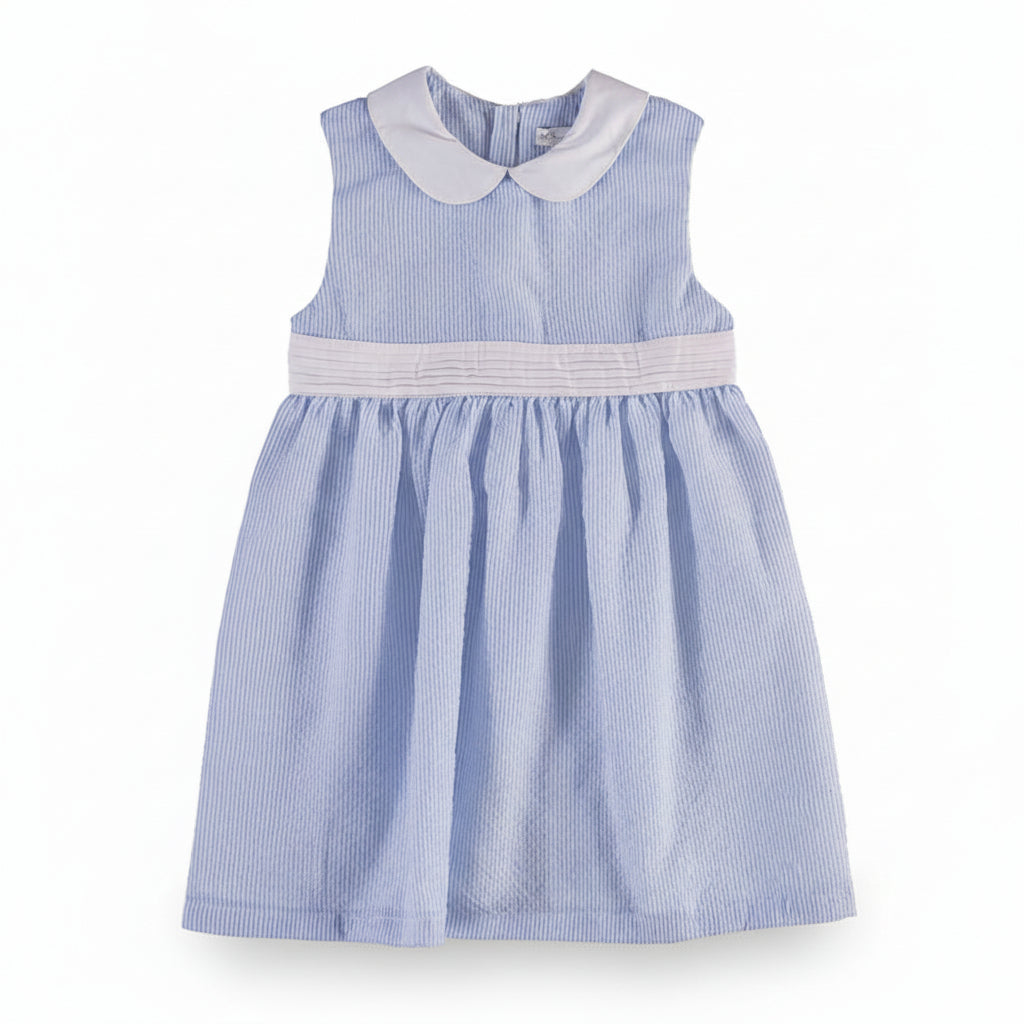 Blue and white striped dress with a collar on a white background