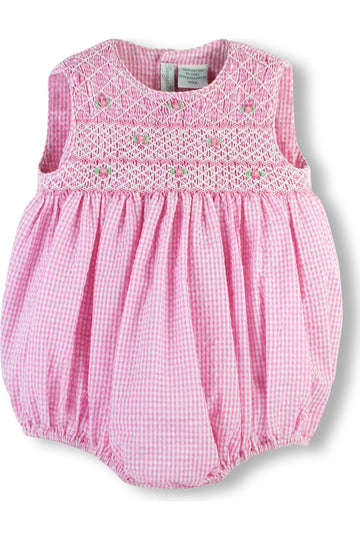 Smocked Floral Pink Seersucker Baby Girl Bubble Romper