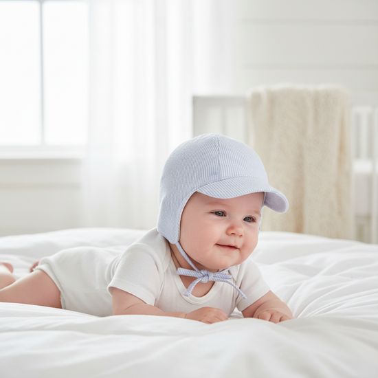 Baby wearing a light blue cap with a bow, lying on a white bed.