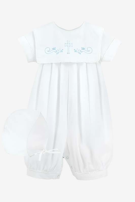 Baby Boy Christening Outfit Long Romper Embroidered Cross 2