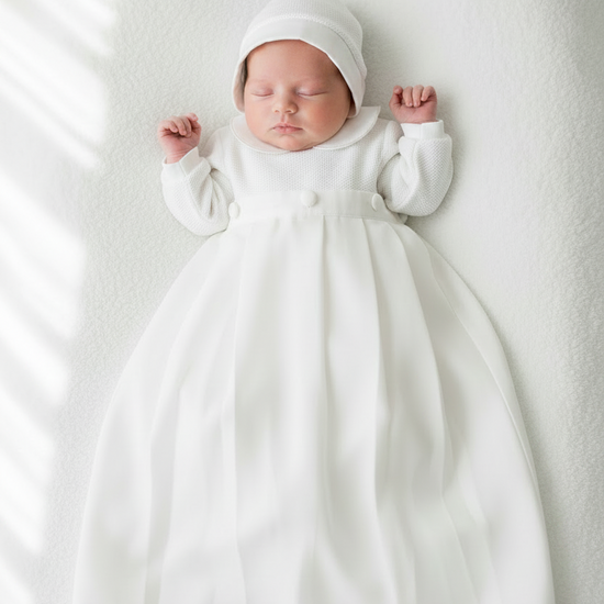 Newborn baby in a white gown and bonnet on a white background
