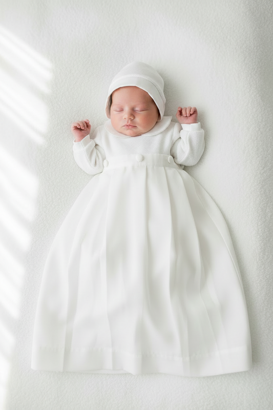 Newborn baby in a white gown and bonnet on a white background