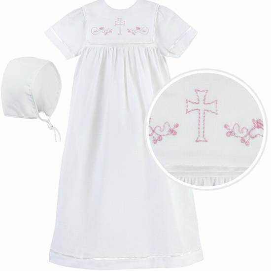 White baby gown with pink Cross and matching hat 