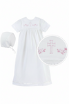 White baby gown with pink Cross and matching hat 