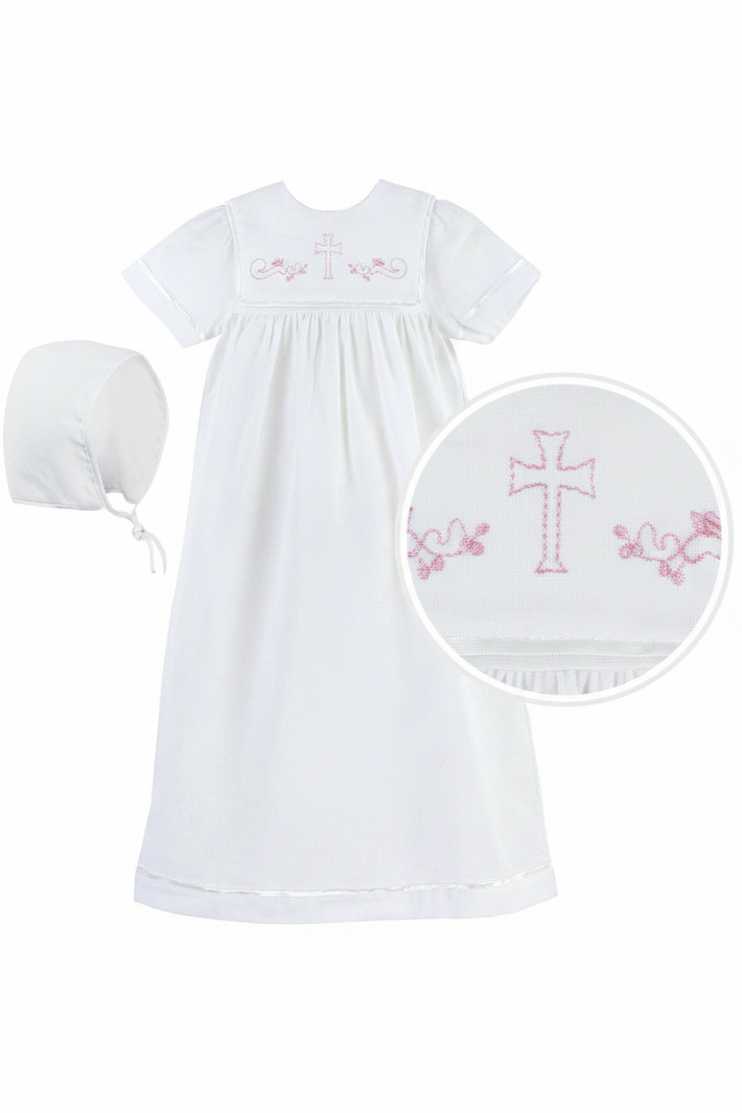 White baby gown with pink Cross and matching hat 