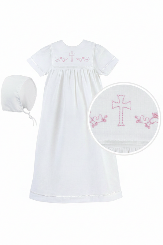 White baby gown with pink Cross and matching hat 