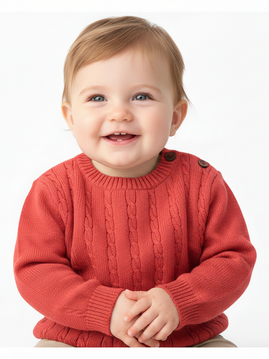 Child wearing a red sweater on a white background