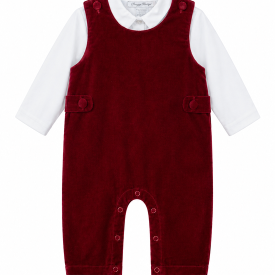 Red velvet romper with white shirt on a white background