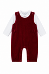 Red velvet romper with white shirt on a white background
