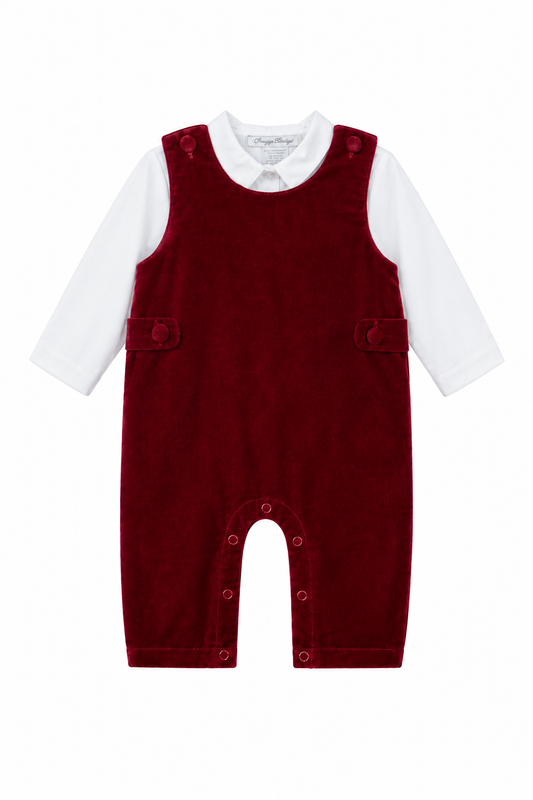 Red velvet romper with white shirt on a white background