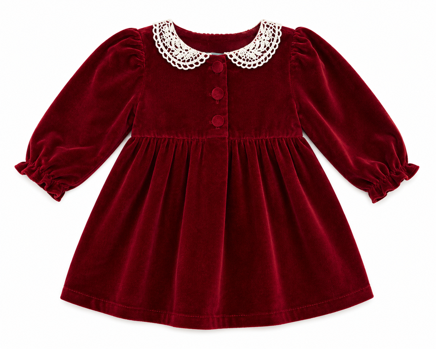 Red velvet dress with white collar on a white background