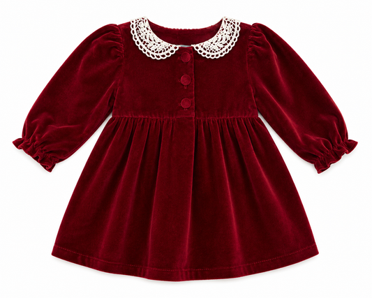 Red velvet dress with white collar on a white background