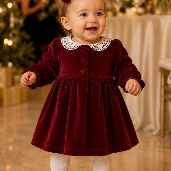 Baby in a burgundy velvet dress with a white lace collar standing in a festive indoor setting.