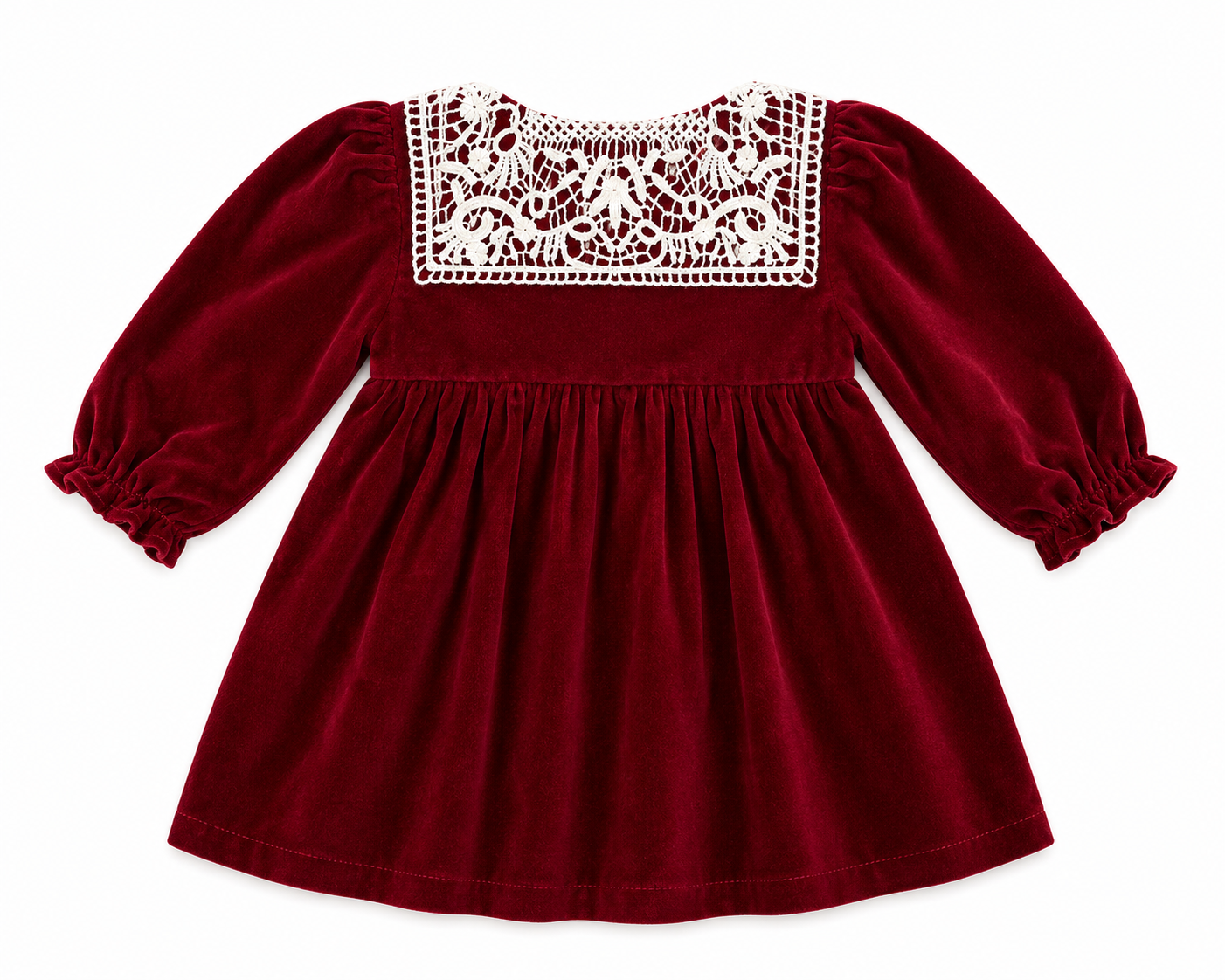 Red dress with lace detailing on a white background