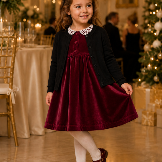Young girl in a burgundy velvet dress with a black cardigan in a festive indoor setting.