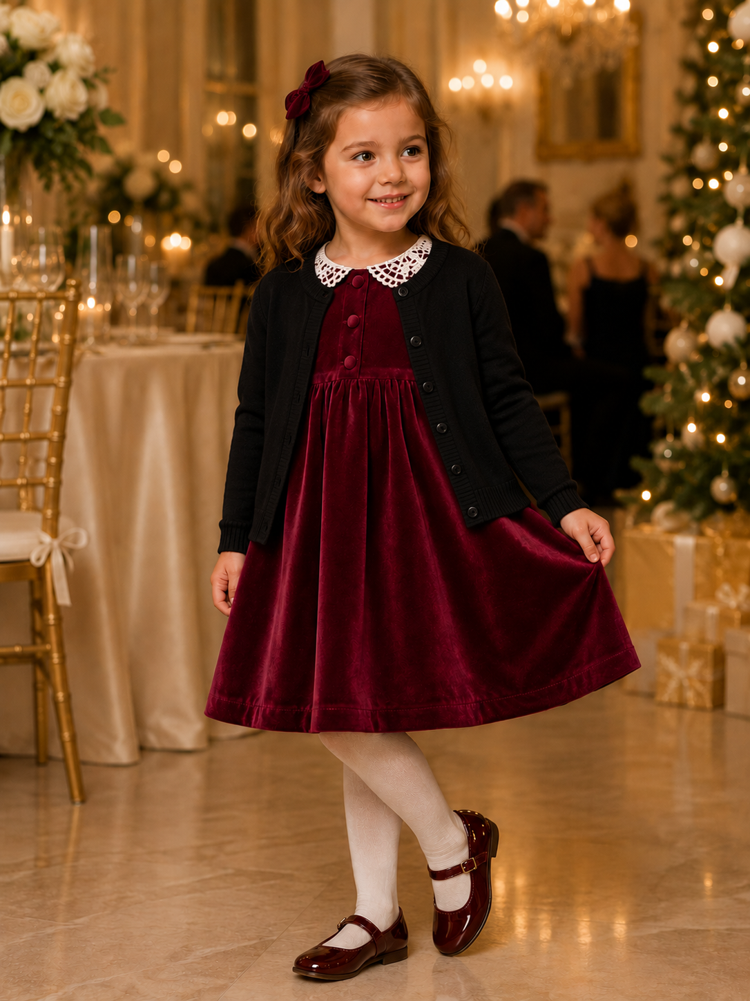 Young girl in a burgundy velvet dress with a black cardigan in a festive indoor setting.
