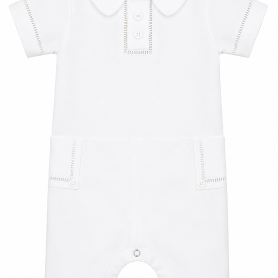 White baby romper with collar on a white background
