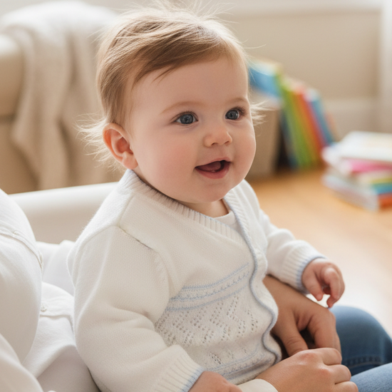 Baby sitting on a couch wearing a white sweater with colorful books in the background.