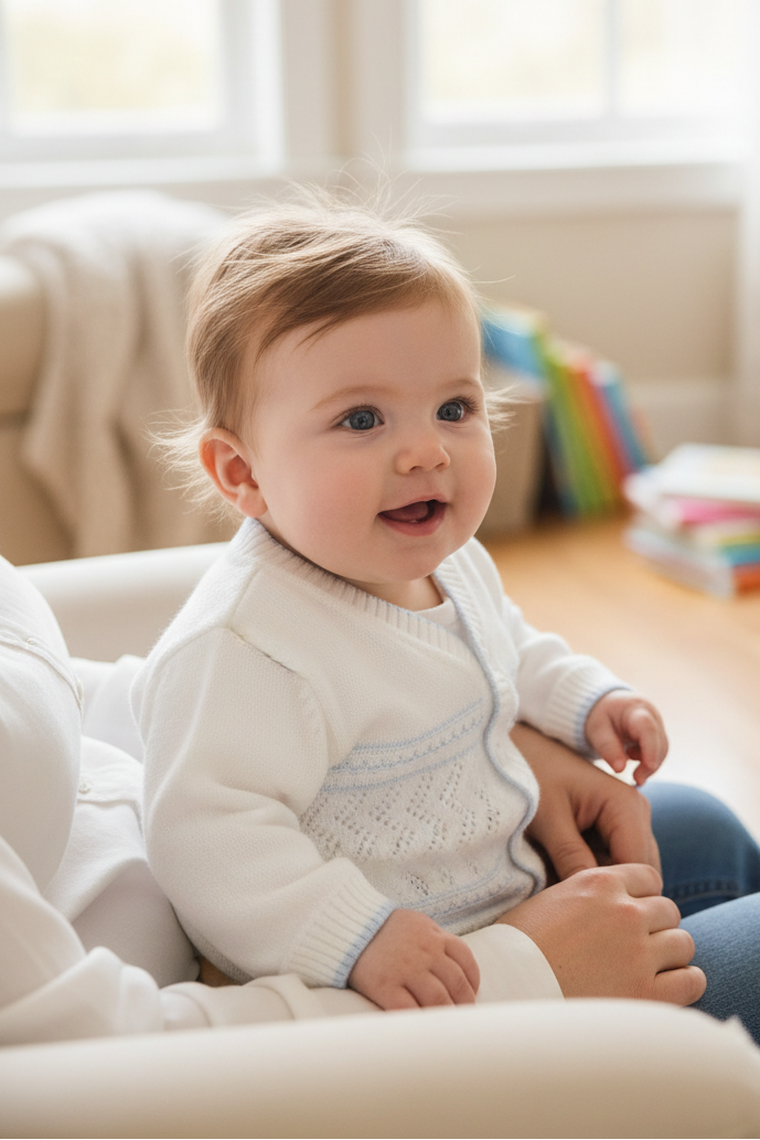 Baby sitting on a couch wearing a white sweater with colorful books in the background.