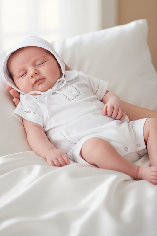 Christening & Baptism Baby Boy Shortall Summer Outfit & Bonnet