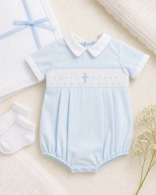 Light blue baby romper with white collar and embroidery 